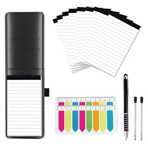 DYUEE 15 Pcs Mini Pocket Notepad A7 Holder Set, A7 Pu Leather Notebook Pen Holder with 9 Pcs 50 Lined Sheets, 1 Pcs Metal Pen, 2 replacement pen refills and 2 colored self-adhesive sticky notes