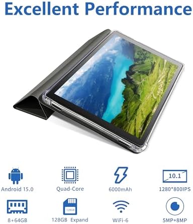 Tibuta Android 15 Tablet 10.1 Inch | 8GB RAM 64GB Storage | Quad-Core, 6000mAh, HD IPS Screen | 5MP+8MP Cameras | Wi-Fi, Bluetooth | w/Protective Case