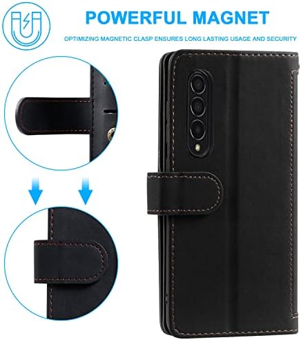 EYZUTAK Wallet Phone Case for Samsung Galaxy Z Fold 4, Retro Matte 9 Card Holder Slots Zipper Pocket Case PU Leather Magnetic Closure Kickstand with Wrist Strap Folio Flip Case - Black