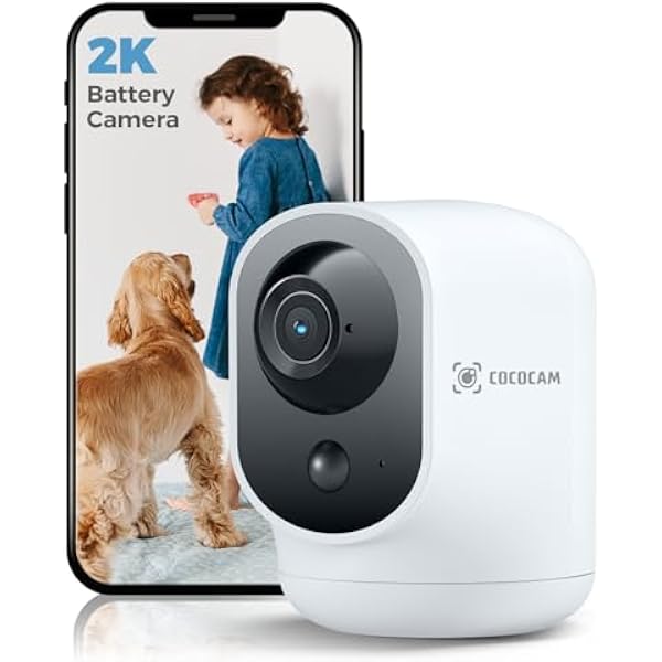 COCOCAM 2K Indoor Pan/Tilt Kamera bezpieczeństwa, z baterią 5200 mAh, w 100% bezprzewodowa do monitorowania dziecka/kamery dla zwierząt/zabezpieczeń domowych (1, Biały)
