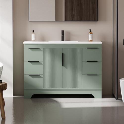 eclife 48" Bathroom Vanity with Sink Combo, Modern Freestanding Painted Storage Cabinet with Fluted Doors, 6 Drawers, Undermount White Single Sink, Faucet, Drain, Sage Green