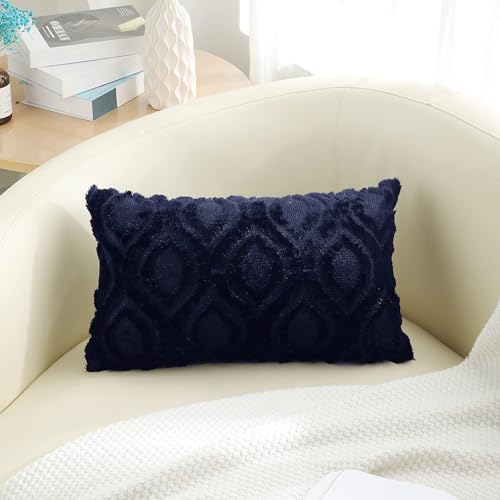 Image of decorUhome Fall Throw Pillow Covers 12x20 Inch Set of 2, Soft Plush Faux Wool Navy Blue Solid Couch Pillow Covers, Accent Farmhouse Neutral Rectangle Pillow Cases for Sofa Bed Living Room