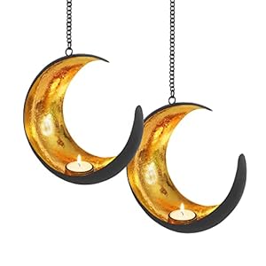 Gadgy Waxinelichthouder Hangend Maan – Set van 2 – Zwart En Goud – Theelichthouders – Metaal – 20 x 9,5 cm met 55 cm Ketting