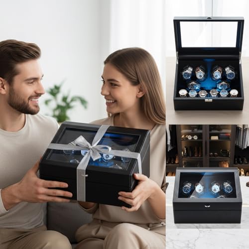 Mcbazel Watch Winder for Automatic Watches, 6 Watch Winder + 6 Storage Case, Watches Winder Box with Super Quiet Motor, Blue LED Light, Memory Foam Pillows, Gift for Men & Women - Black - Thumbnail 7