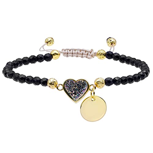 Yatming 4Mm Faceted Black Agate Crystal Beads Bracelet With Heart Shape Rainbow Titanium Coated Druzy Charm, Adjustable Healing Stone Bracelet For Women And Men #TOP22