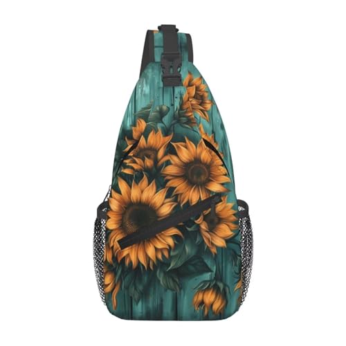 MAGIFUN Yellow Sunflower Print Small Sling Bag for Men Women Teal Wood Shoulder Bag Hiking Bag Crossbody Backpack for Cycling Travel