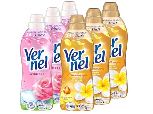 Vernel Weichspüler Set – 3x Sinnliche Frangipani & 3x Wildrose (37/39 WL) – Duftintensive Aromatherapie mit nachhaltiger Verpackung