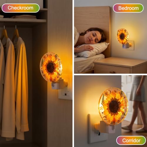 Image of Glooglitter Pressed Flower Night Light Plug in-Handmade Dried Floral Wall Night Light, Glow Decorative Nightlight for Hallway Bedroom Nursery Bathroom, Vintage Botanical (Yellow,Sunflower)