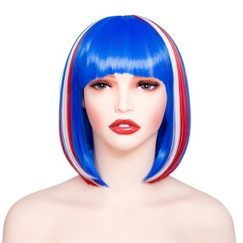 Image of Rose bud Blue Red White Bob Wig with Fringe 12 Inch Short Straight Colorful Costume Wigs for Women Cosplay Party Halloween