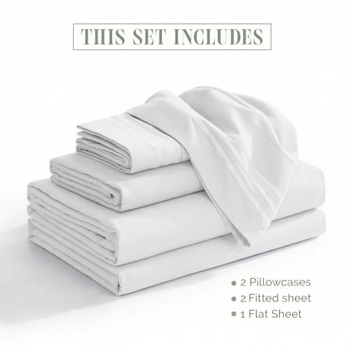 Image of Elegant Comfort Luxurious 1500 Premium Hotel Quality Microfiber Three Line Embroidered Softest 5-Piece Bed Sheet Set, Wrinkle and Fade Resistant, Split King, White
