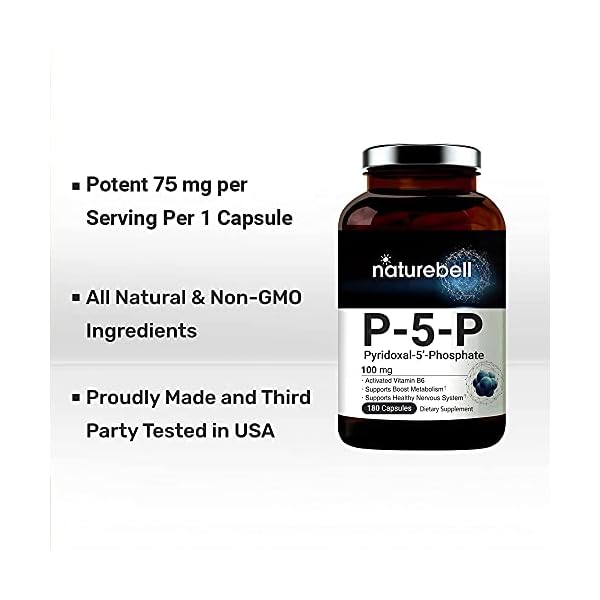P5P-Vitamin-as-Pyridoxal-5-Phosphate-100mg-180-Capsules-Activated-P5P-Vitamin-B6-Supplements-Support-Brain-Health-Memory-Function-No-GMOs NatureBell P5P Vitamin B6 100mg Per Serving, 240 Capsules | Activated Pyridoxal 5 Phosphate Supplements – Essential B Vitamins for Brain & Memory Health – Non-GMO
