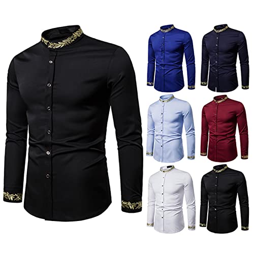 DGHM-JLMY Men's Collarless Long Sleeve Fashion Embroidered Shirt Hipster Slim Fit Gold Embroidery Casual Dress Shirts4