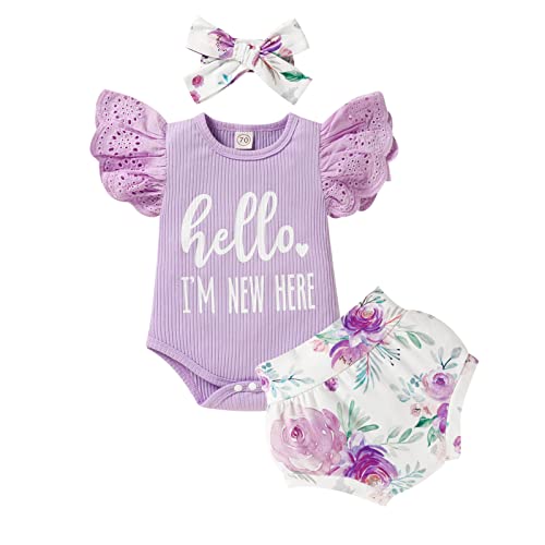 Image of ZOELNIC Baby Girl Clothes, Newborn Summer Lace Ruffles Romper + Floral Shorts 3pcs Toddler Photoshoot 3pcs Outfits
