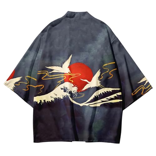Image of DOSLAVIDA Men's Japanese Kimono Jacket Set Stylish Open Front Coat With Shorts Chinese Style Printed Cardigan Suit