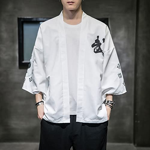 Men\'s Japanese Haori Jacket Kimono Noragi Cardigan 3/4 Sleeve Casual Happi Coat I2-White Medium - Thumbnail 6
