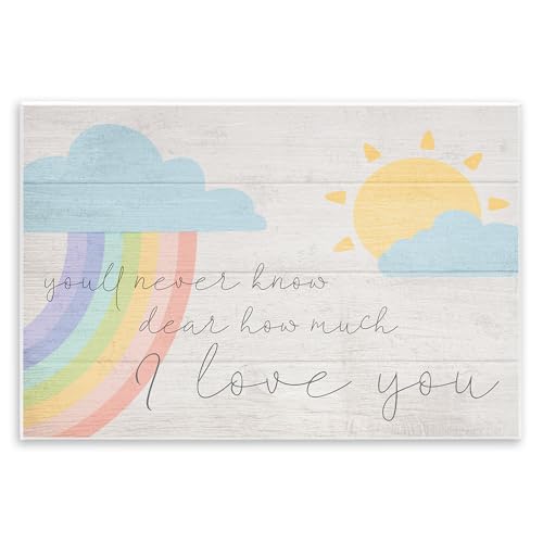 Stupell Industries How Much I Love You Rainbow Clouds and Sun on Planks Wall Plaque Art, 12 x 18, Multi-Colored