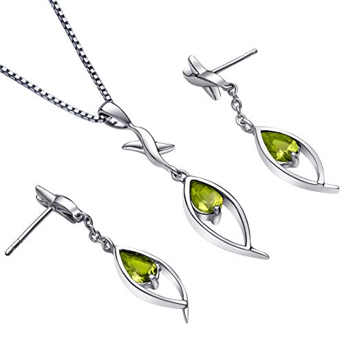 Peora Peridot Earrings Pendant Necklace Jewelry Set In Sterling Silver, Dangling Teardrop, Pear Shape 2.00 Carats Total, With 18 Inch Chain #TOP2
