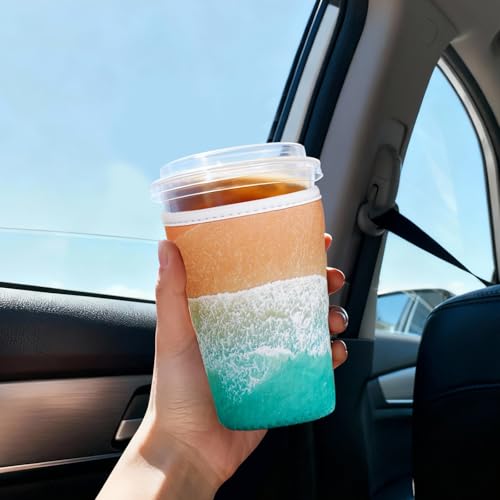 Image of Reusable Insulated Sleeve for Iced Coffee Cup, 3-Pack Coffee Neoprene Drink Sleeve for Cold & Hot Drinks, Beverage Holder for Iced Coffee (Beach Waves)