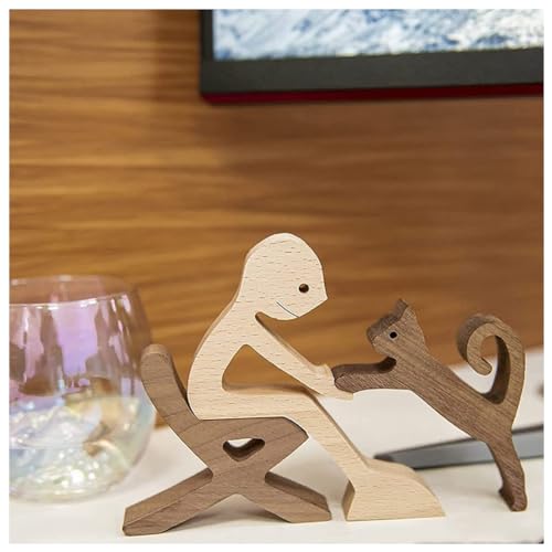 Estatuas de madera talladas a mano Hombre y Gato miniatura 5