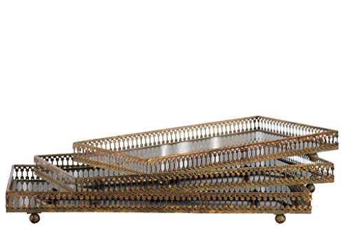 Urban Trends Rectangular Mirror/Trat with Parallel Lines Pierced Metal Sides Set of Three Tarnished Finish Gold