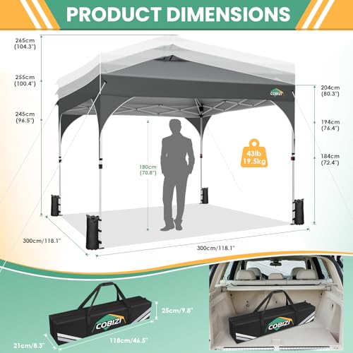 COBIZI Faltpavillon 3x3 Wasserdicht Stabil, EIN-Tasten-Zentralverriegelung, Partyzelt mit Entlüftung, Fluoreszierenden Streifen, 3 Seitenteilen, Höhenverstellbar Gartenzelt, Grau