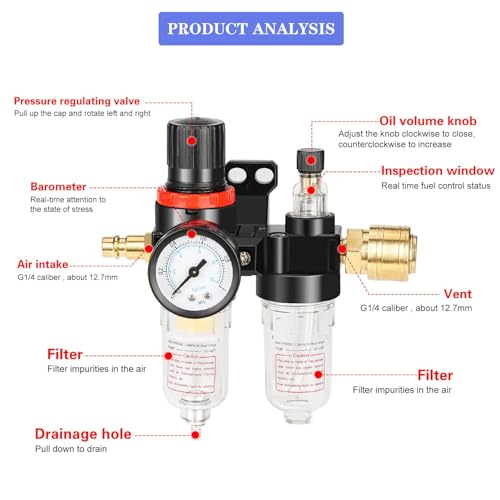 oumuik1/4 Zoll Druckluft Druckminderer Wasserabscheider Druckluft mit Manometer Ölabscheider Druckregler Zubehör für Kompressor