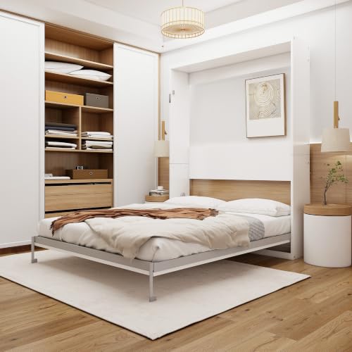 Image of KEIKI Queen Size Vertical Cabinet Murphy Bed with Solid Slats, White