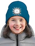 SPGOOD Wiederaufladbare mütze mit LED licht für Kinder, für Jungen und Mädchen, abnehmbare und waschbare warme beleuchtete mütze mit Lampe für den Winter im Freien(Pfauenblau)