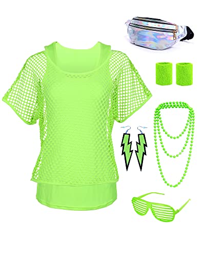Deguisement Femme Annees 80 Fluo avec Accessoire Fluo Tee Shirt Femme Resille Fluo Sac Banane Femme Déguisement Femme Costume Vetement Fluo avec Accessoires Fluo Annee 80 Tenue Femme Evjf (XL) Cover
