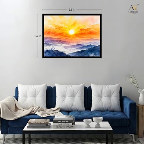 Image of Aatman ARTHaus Rising Sun Art Framed Luster Paper Painting, 18x24 in | Wall Art for Home Decor, Living Room, Bedroom & Office, D1