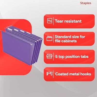 Staples Hanging File Folders, Letter Size, Purple, 1/5Cut Tabs, TearResistant, Includes Tabs & Inserts 25/Pack