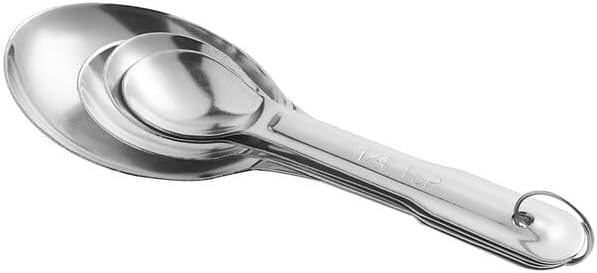 4-Piece Stainless Steel Measuring Spoon Set, Silver, Round Shape, Dishwasher Safe, with Storage Ring and Labeled Handles for Dry and Liquid Measuring