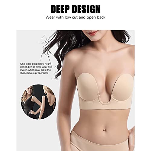 Bravetoshop Push Up Plunge Strapless Sticky Adhesive Bra Deep U-Shaped Silicone Bra Invisible Backless Bra For Women (Yellow,B) #TOP1