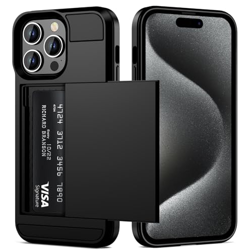Vofolen for iPhone 15 Pro Max Case with Card Holder, Dual Layer Shockproof Wallet Phone Case, Hidden Sliding Card Slot Protective Slim Case for iPhone 15 Pro Max, 6.7\'\' Black