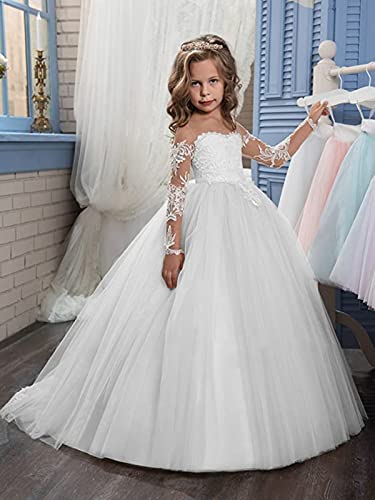 FLwuhui Flower Girl's Kids Long Sleeve Sheer Lace Embroidery Wedding Dress A-Line Tulle Trailing Princess Gowns2