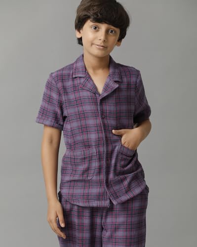 Image of Under Fourteen Only Boys Cotton Night Suit Set for Kids | Stylish Checkered Shirt and Pajama Combo | Comfortable Nightwear and Loungewear for Boys | Half Sleeves | Purple (6 Years-7 Years)