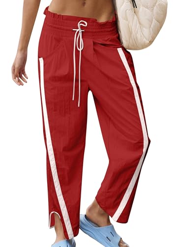 Casual Loose Drawstring Barrel Pants for Women Lightweight Baggy Contrast Color Workout Y2k Track Pants Red S