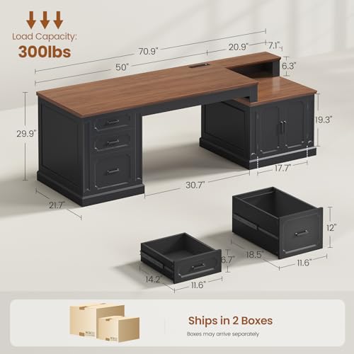 Image of SEDETA Farmhouse 70.9 inch Executive Desk, Home Office Desk with File Drawers and Storage Cabinet, Computer Desk with Power Outlet for Home Office, Work Study Writing, Black+Brown