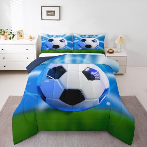Image of Feelyou 3D Soccer Comforter Set Queen Size Kids Football Pattern Games Bedding Set for Boys Girls Sports Theme Duvet Quilt Room Decor