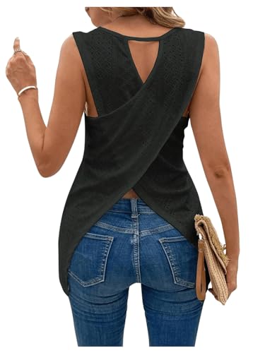 WDIRARA Women's Open Back Criss Cross Tank Top Eyelet Embroidery