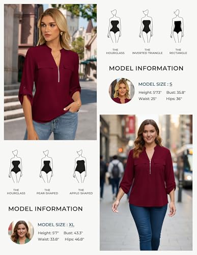 Womens Business Casual Tops,3/4 Sleeve Henley Shirts with Zip Up,Office Work Blouses Lightweight Summer Wine Red Small — view 6
