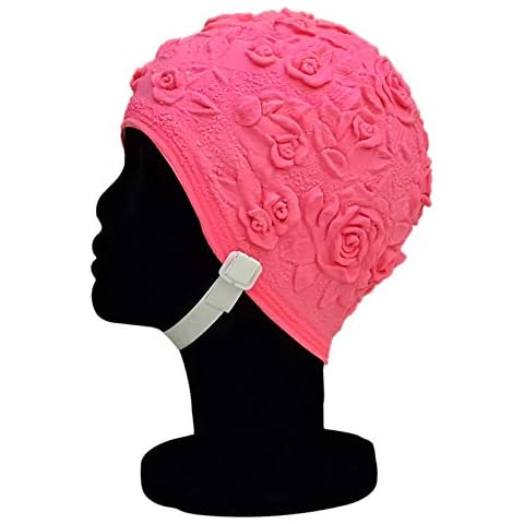 Blue Reef Latex Rose Soft And Pliable Single Solid Colour 3D Effect Floral Ladies Classic Retro Style Vintage Look Swimming Hat Swim Cap One Size Adults With Adjustable Strap (Neon Pink) Cover