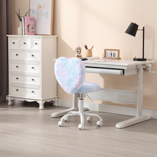 Image of Kmax Kids Reading Chair, Rolling Cute Desk Chair for Girls Swivel Office Chair with Wheels & Heart Back Adjustable Childrens Vanity Chair for Bedroom Reading Room - Fur, Baby Blue