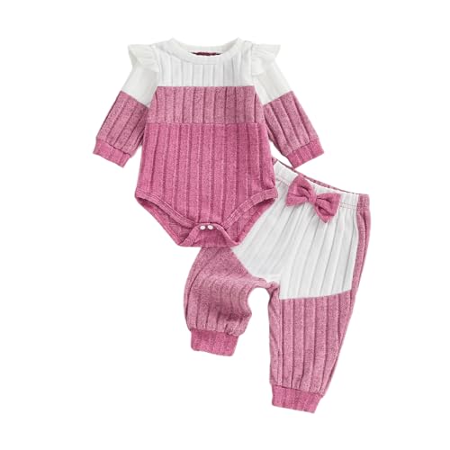 PanLidapan Infant Baby Girls 2Pcs Fall Winter Outfit Clothes Contrast Color Knit Romper Elastic Waist Bow Pants Set Newborn Baby Girls 0-24 Months (Pink, 0-3 Months)