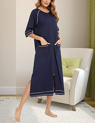 Image of Veseacky Women Robe Zipper Front House Coat 3 /4 Sleeve Nightgown Full Length Ladies Lounge Dress with Pockets S-XXL