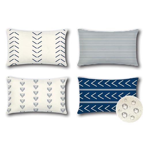 Image of JOTOM Set of 4 Outdoor Cushion Covers 30x50 cm Waterproof Decorative Throw Pillow Covers 12x20 Inch Modern Geometric Sofa Indoor Bed Decor Cushion Cases for Patio Garden Porch Bench (Navy Blue)