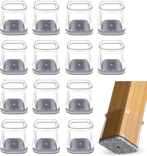 COAFTUG 24pcs Chair Leg Floor Protectors Square, TPE Table Leg Floor Protectors Chair Leg Cap with Felt Pad Transparent Furniture Cups Furniture Feet Cover for Protecting Hardwood Floor (Fit:25-36mm)