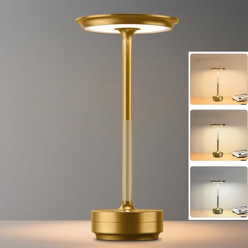 Cordless Touch Table Lamp | LED Portable Rechargeable Battery Operated Lamp, Dimmable 3-Colors Table LED Desk Lighting for Home/Office/Dinner/Restaurant/Living Room (Golden)