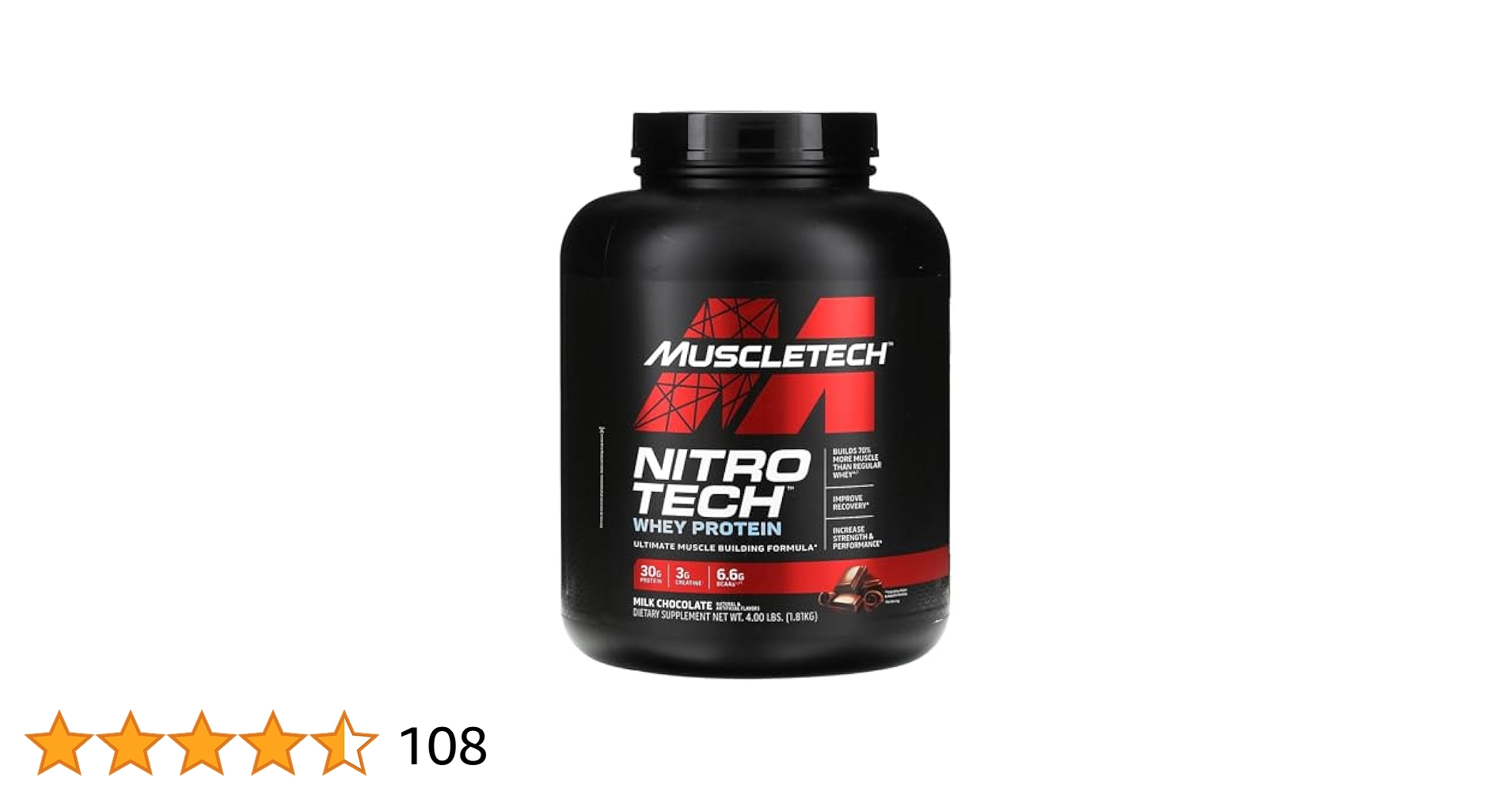 【即日発送】Muscletech Nitro Tech 4lbs 1.81 kg MuscleTech NitroTech Whey Protein ( 1.81 Kg (4 Lb), Vanilla