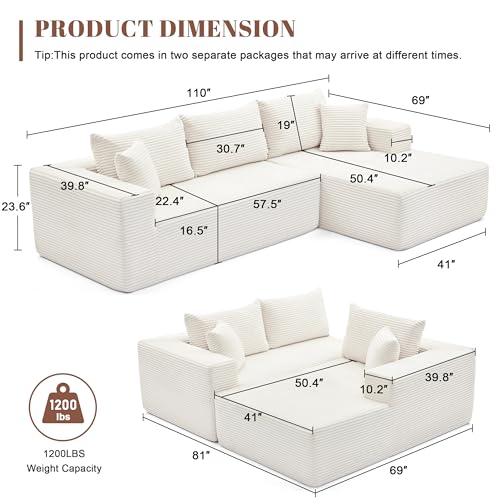 110” Cloud Sectional Couch, Modular Sectional Sofa for Living Room, Boneless Sofa with Deep Seat, Comfy Fluffy Couch with L-Shaped Chaise, No Assembly Required (Right-Facing Chaise, Beige)